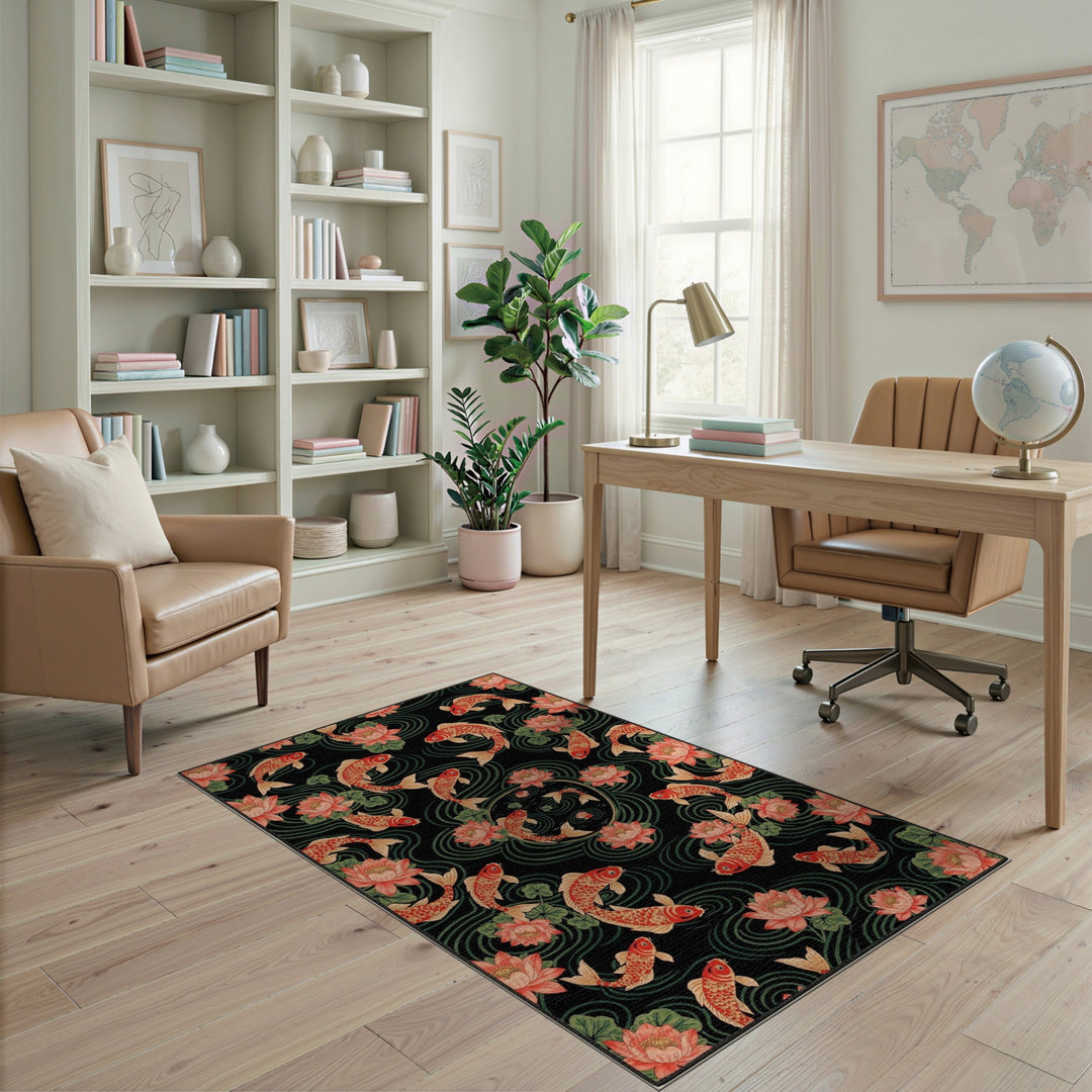 Koi Fish Lotus Black Area Rug