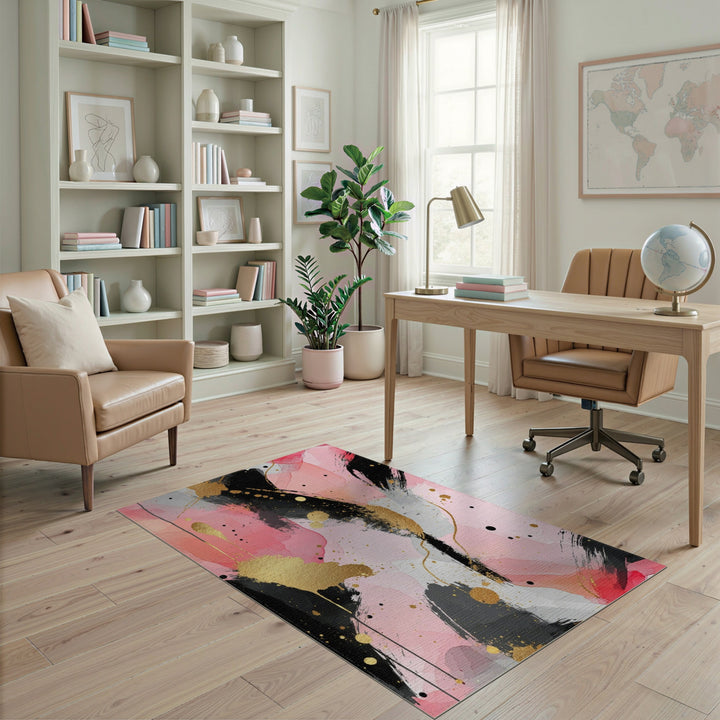 Pink Abstract Gold Splatter Area Rug