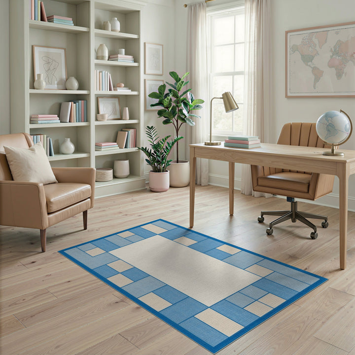 Blue and Teal Blue Geometric Border Area Rug