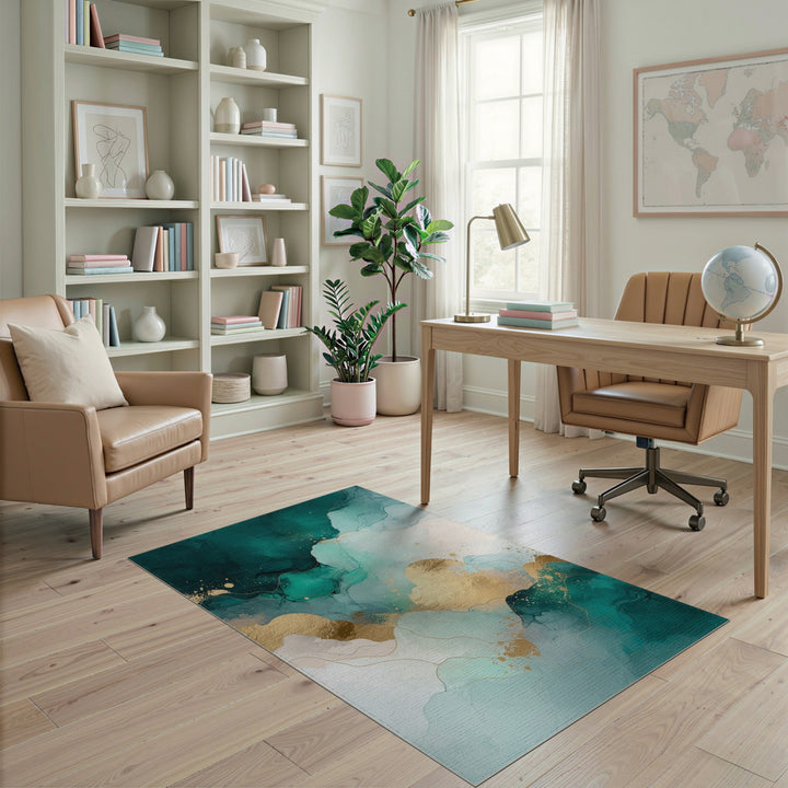 Teal and Gold Abstract Wave Area Rug