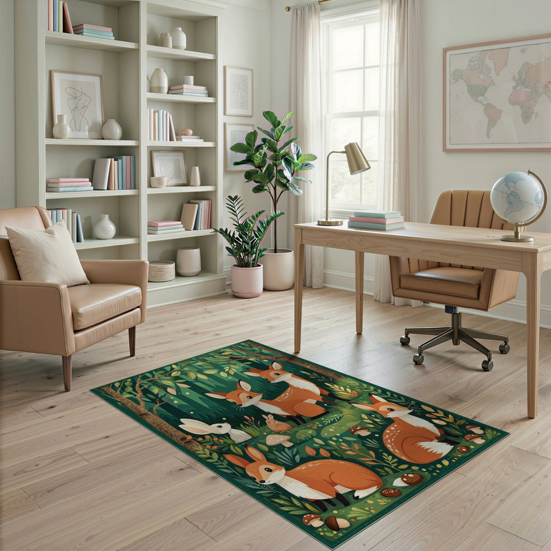 Kids Cartoon Forest Foxes Area Rug