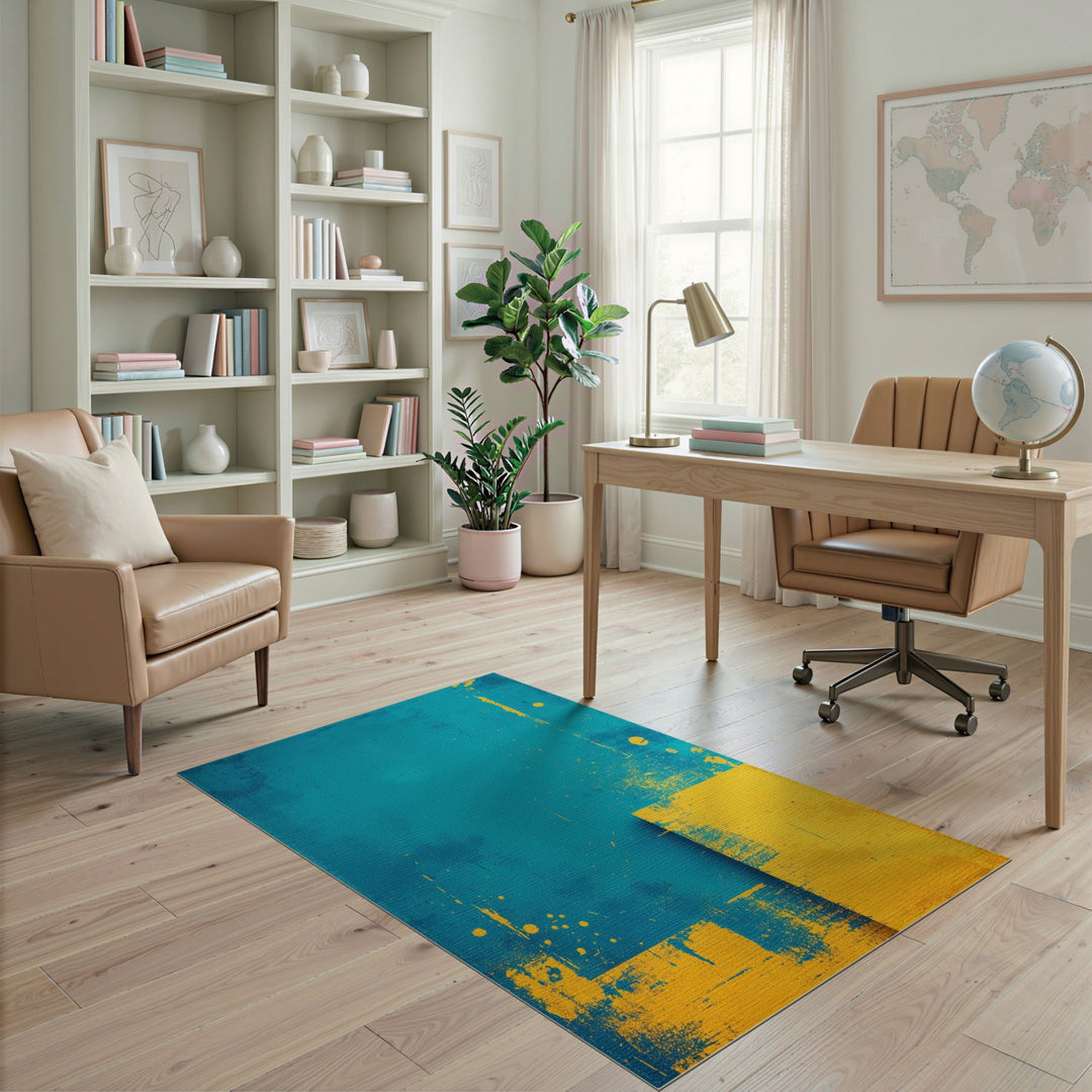 Teal Abstract Yellow Block Area Rug