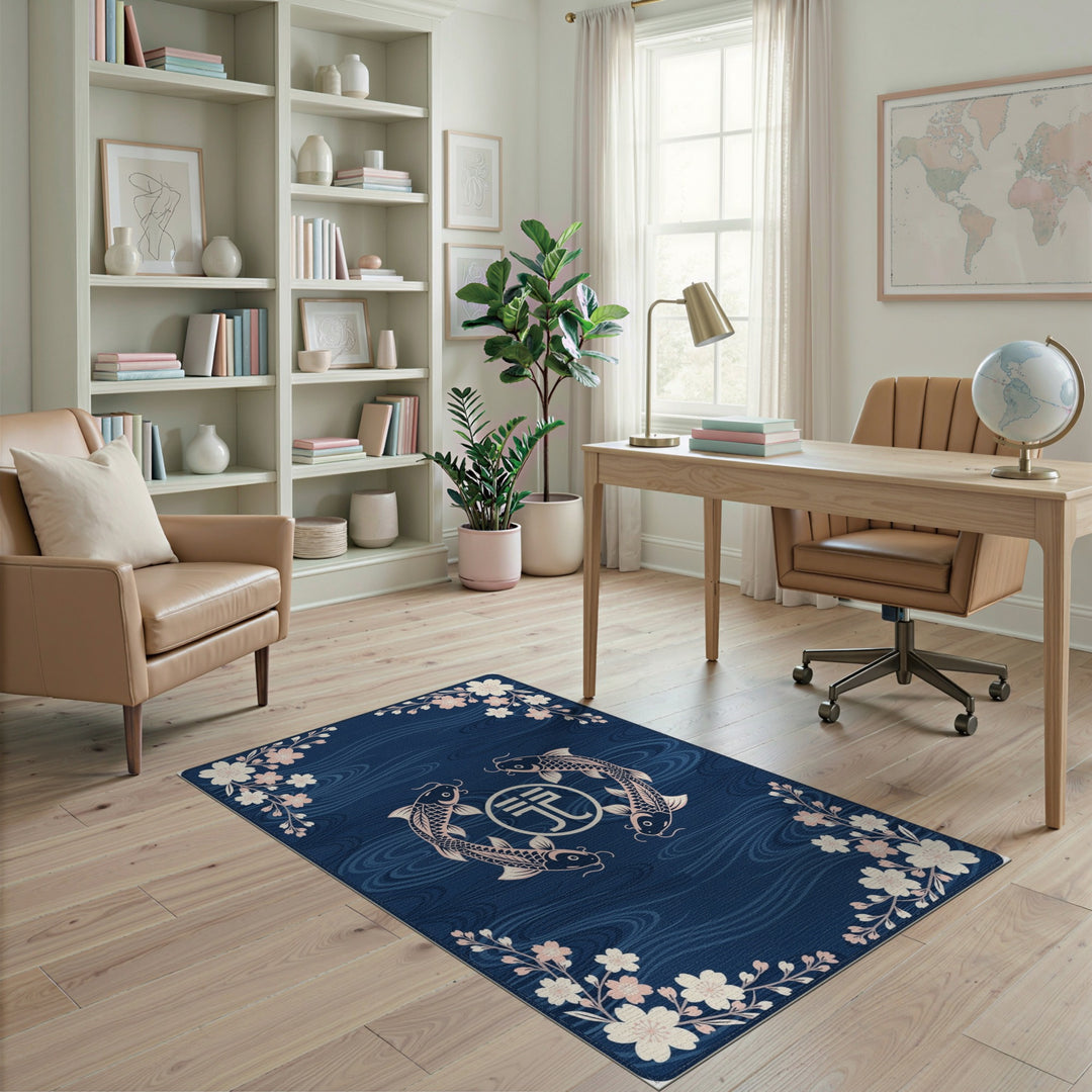 Blue Koi Fish Sakura Washable Area Rug