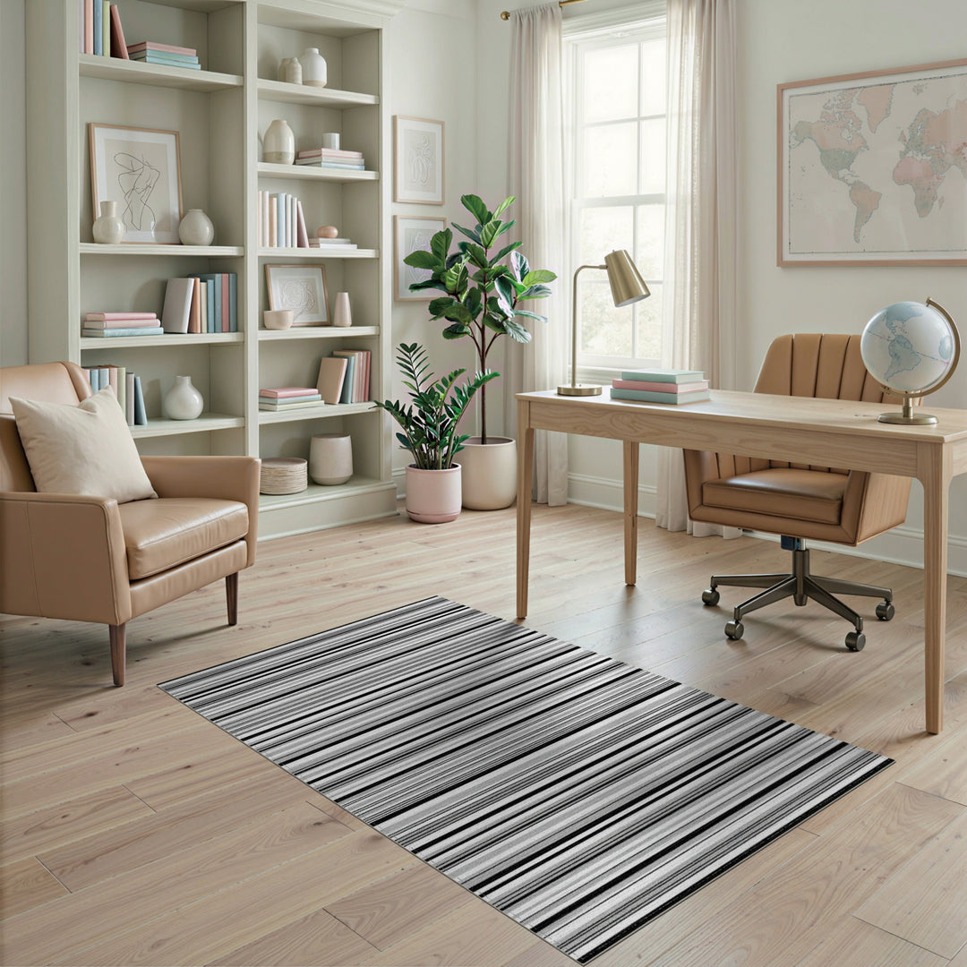 Black White Horizontal Stripe Geometric Area Rug