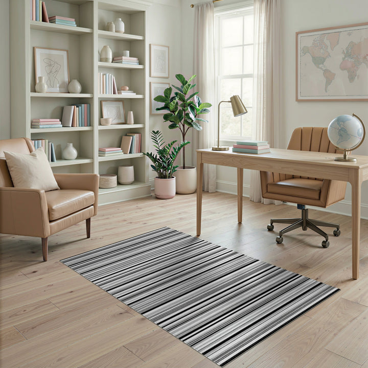 Black White Horizontal Stripe Geometric Area Rug