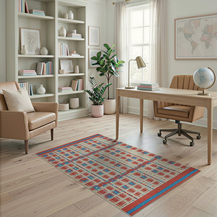 Geometric Modern Red Blue Starburst Geometric Area Rug