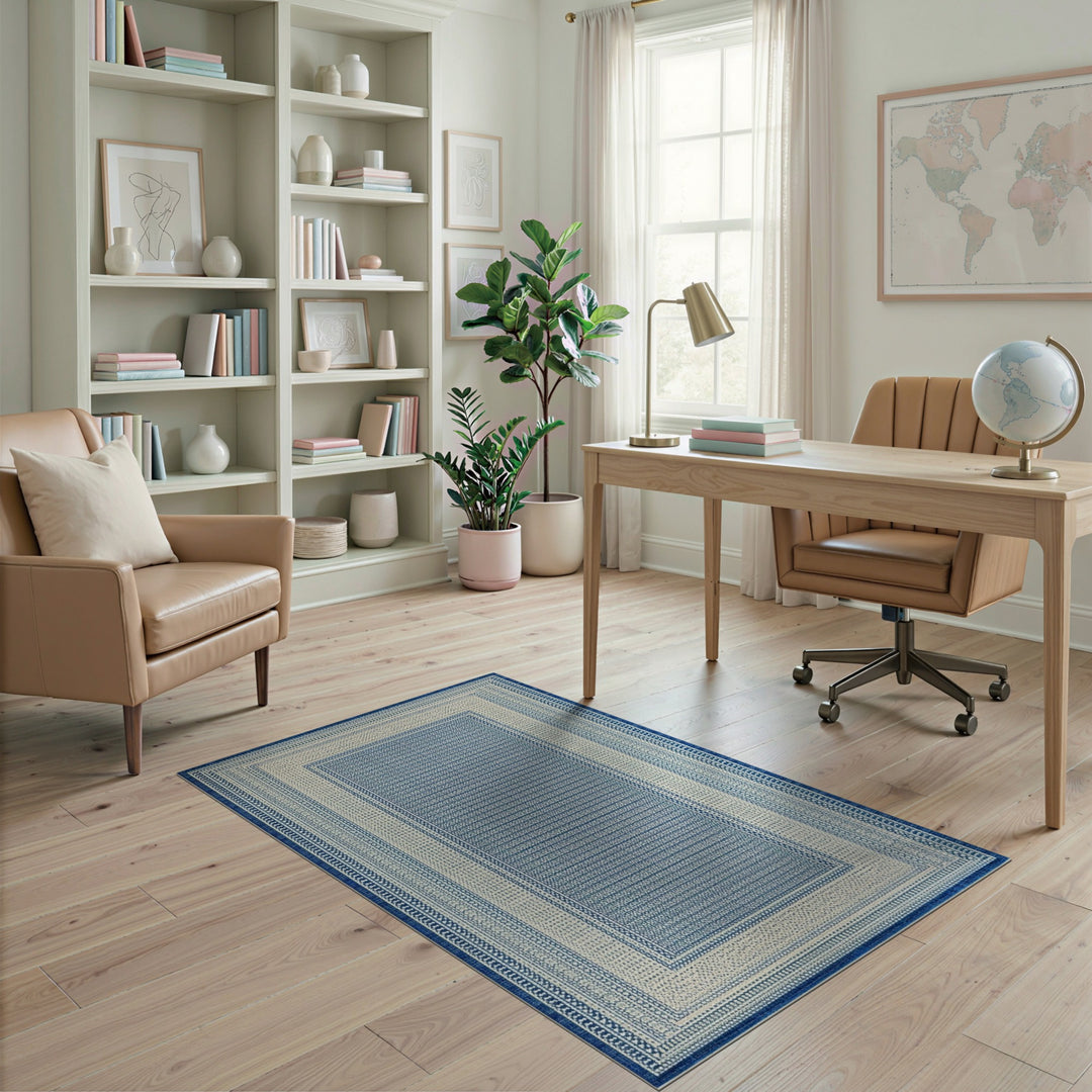 Blue Geometric Bordered Area Rug