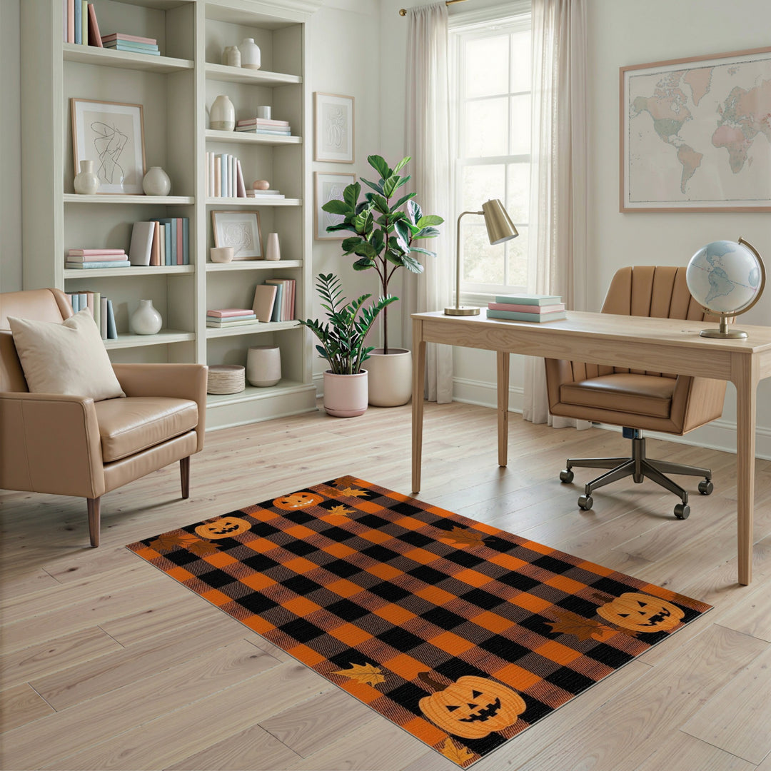 Rustic Farmhouse Orange Buffalo Check Pumpkin Area Rug
