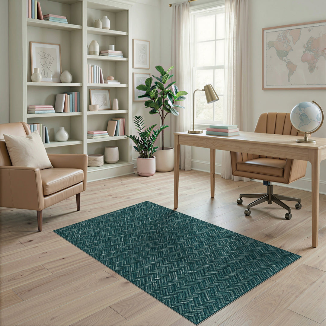 Teal Herringbone Geometric Area Rug