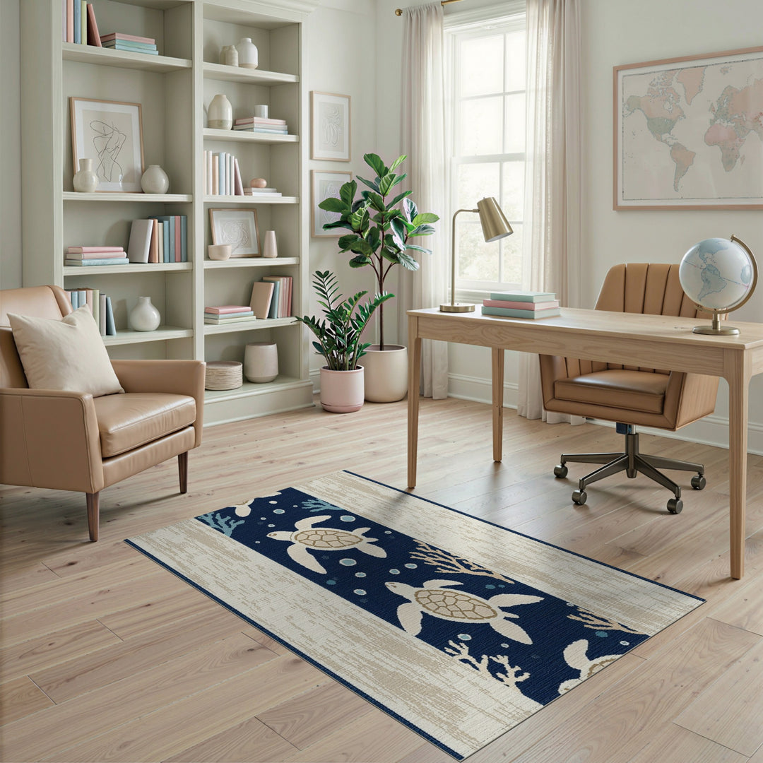 Coastal Beach Coastal Sea Turtle Navy Area Rug