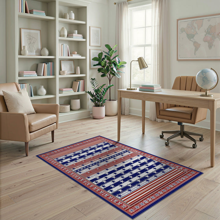 Multi-color and Patterns Patriotic Stars and Stripes Washable Area Rug