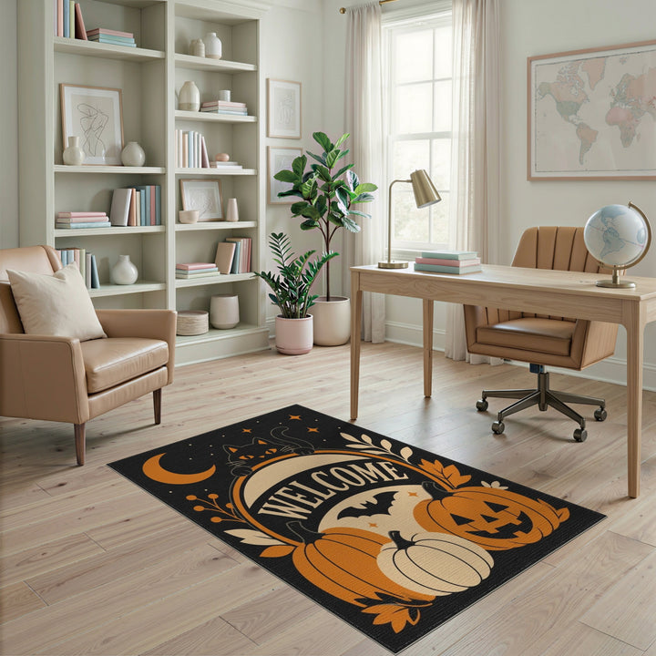 Halloween Welcome Black Cat Pumpkin Area Rug