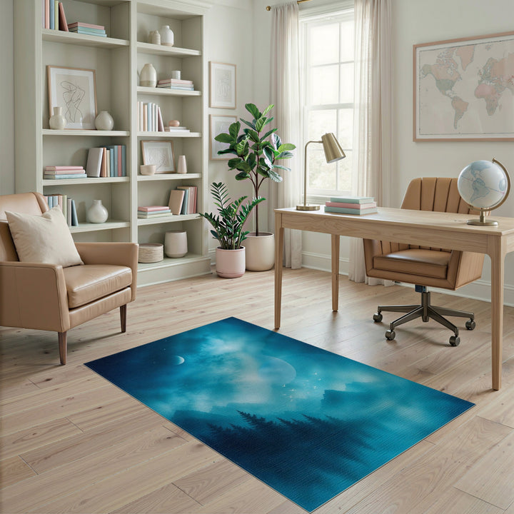 Blue Teal Moonlit Mountain Area Rug
