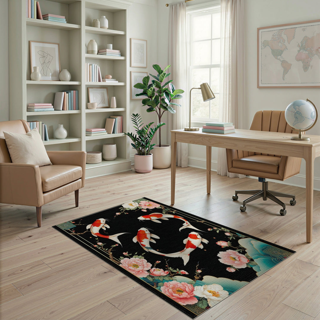 Koi Fish Peony Black Area Rug