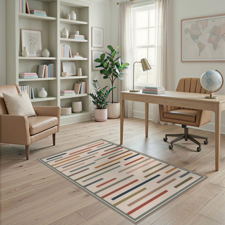 Beige Geometric Striped Geometric Modern Area Rug