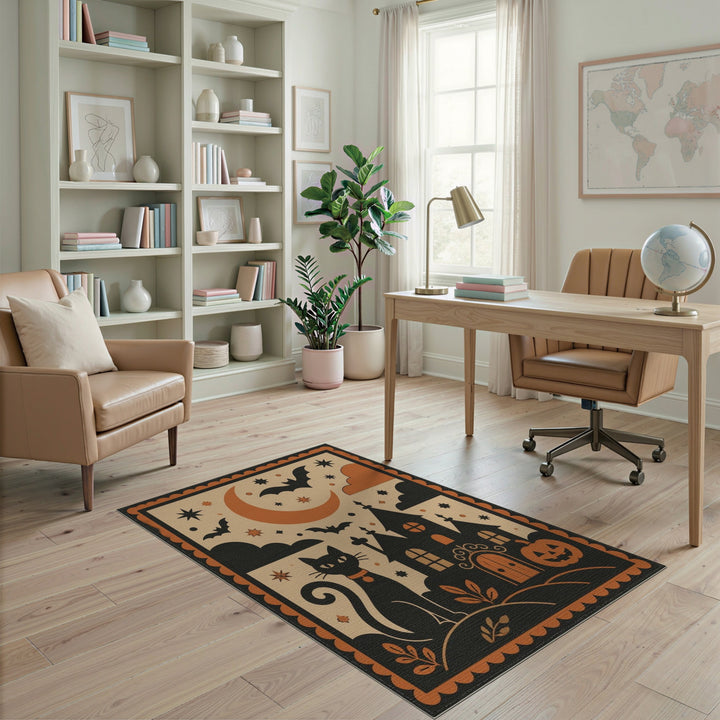 Orange Vintage Black Cat Halloween Area Rug