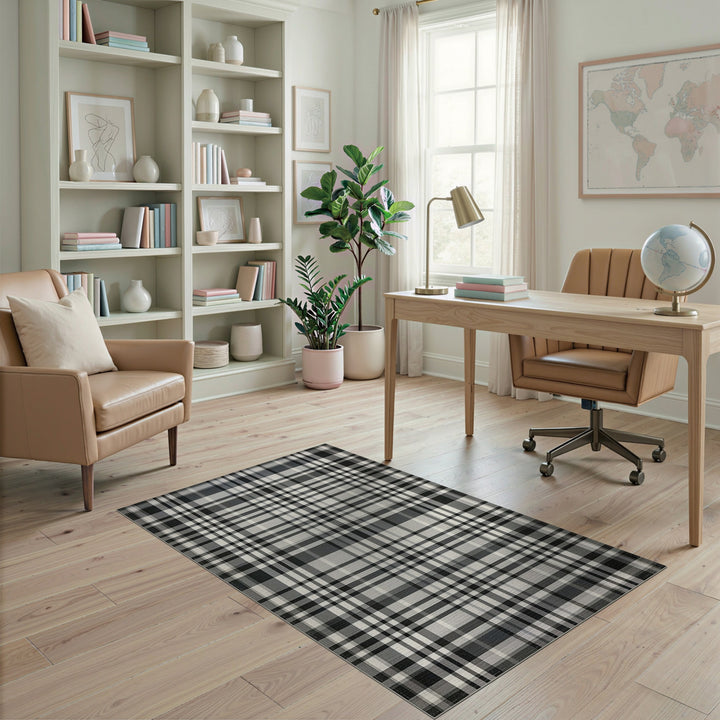 Black and White Black White Plaid Washable Area Rug