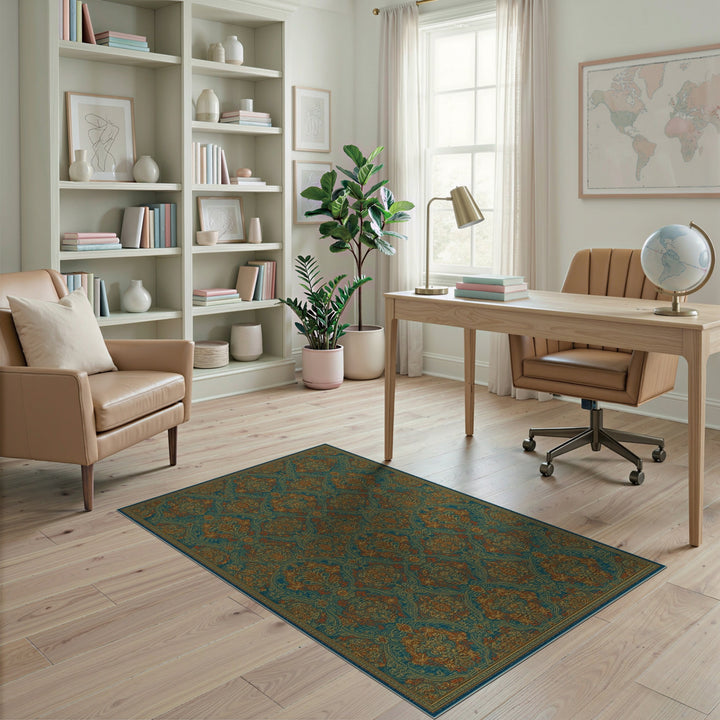 Blue and Teal Persian Medallion Area Rug with Orange Accents