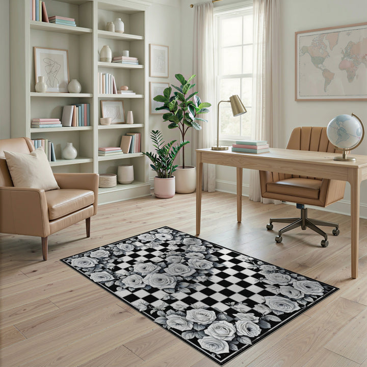 Black White Rose Checkerboard Area Rug