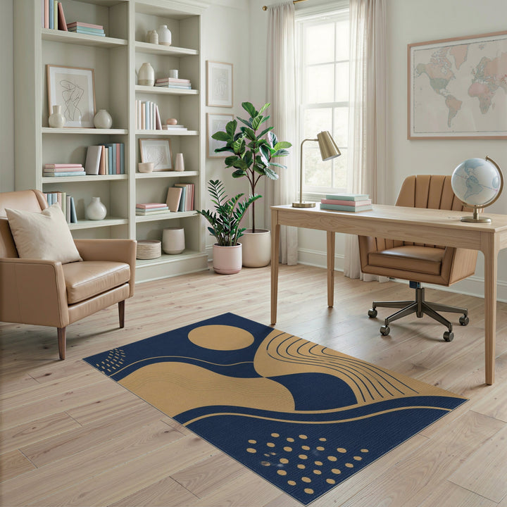 Blue and Teal Navy Gold Abstract Wave Area Rug