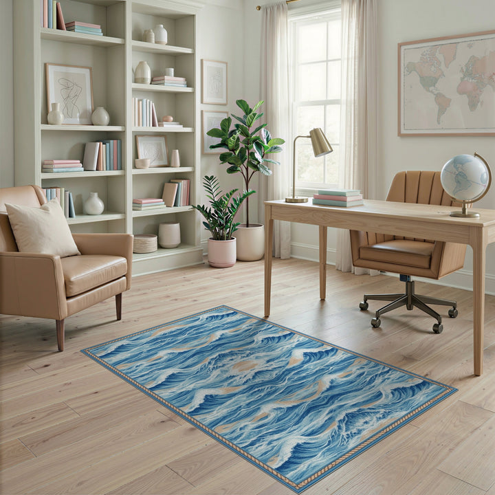 Symmetrical Blue Ocean Waves Area Rug