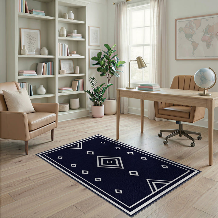 Black and White Navy Geometric Diamond Area Rug