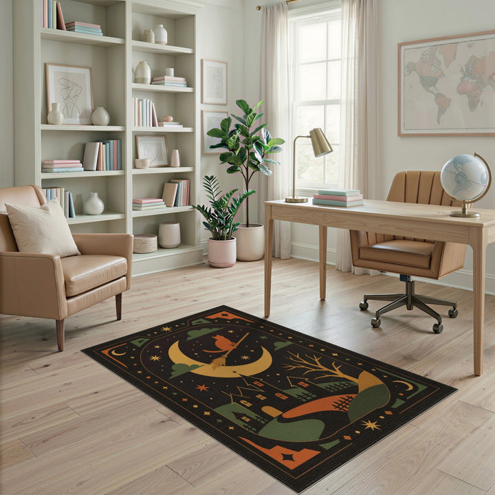 Witch Cat on Broom Halloween Area Rug