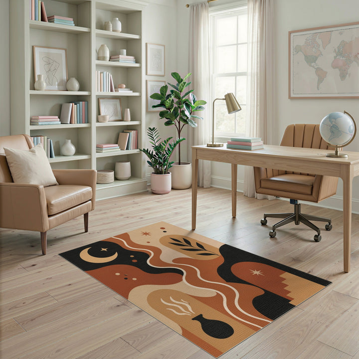 Boho Chic Brown Tan Area Rug with Moon and Arch