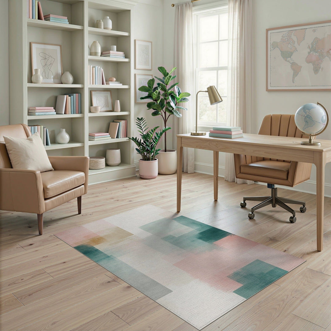 Blush Pink Teal Geometric Area Rug
