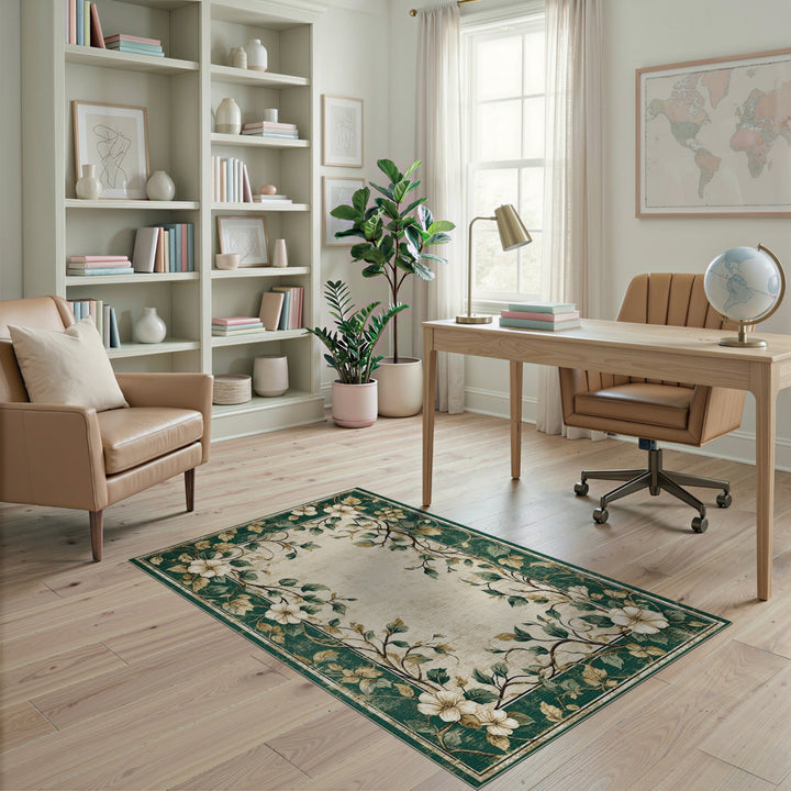 Green Floral Vintage Area Rug