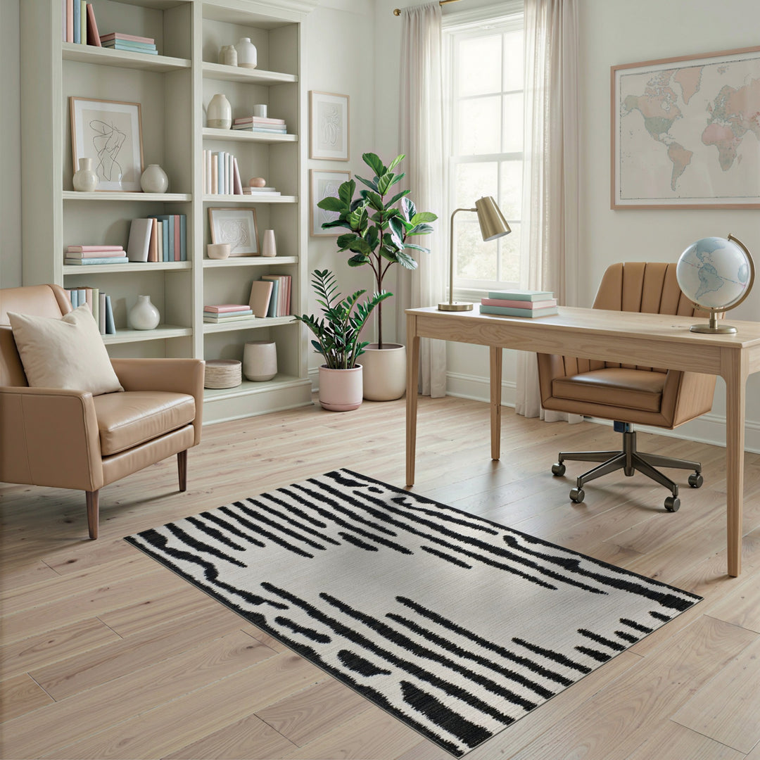 Black White Abstract Vertical Stripe Rug