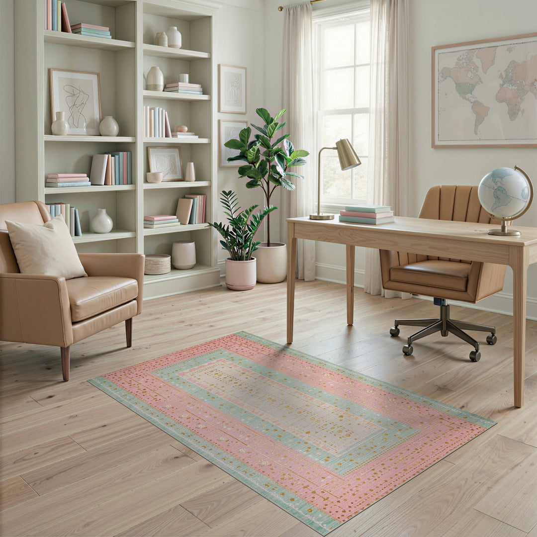 Pink Boho Chic Area Rug with Gold Accents