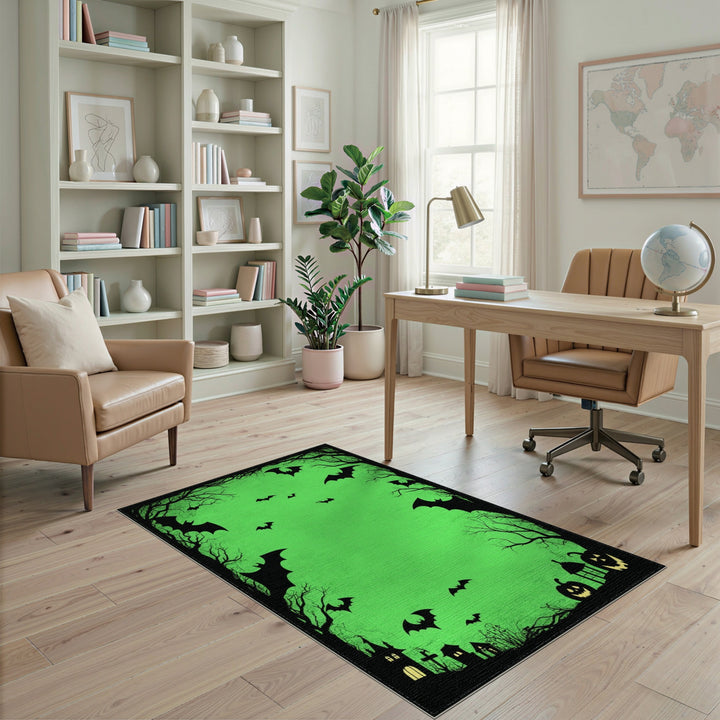 Green Halloween Bats and Pumpkins Area Rug