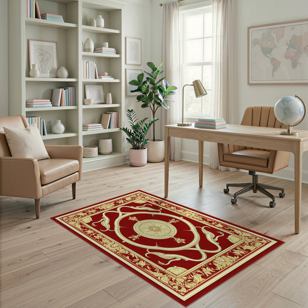Red Gold Serpent Medallion Traditional Area Rug