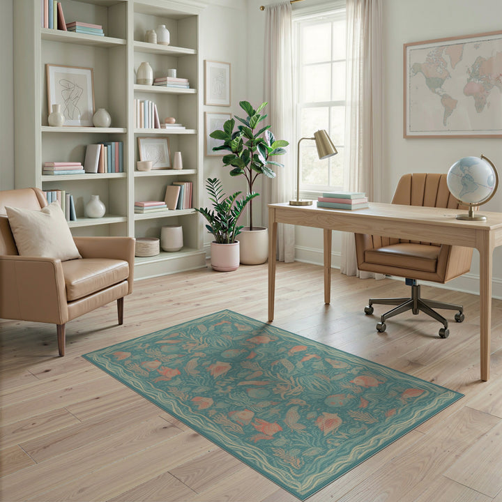 Blue and Teal Blue Teal Ocean Fish Washable Area Rug