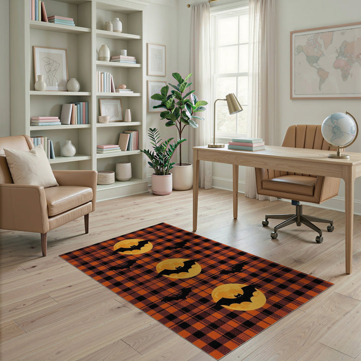 Orange Plaid Bats and Moons Area Rug