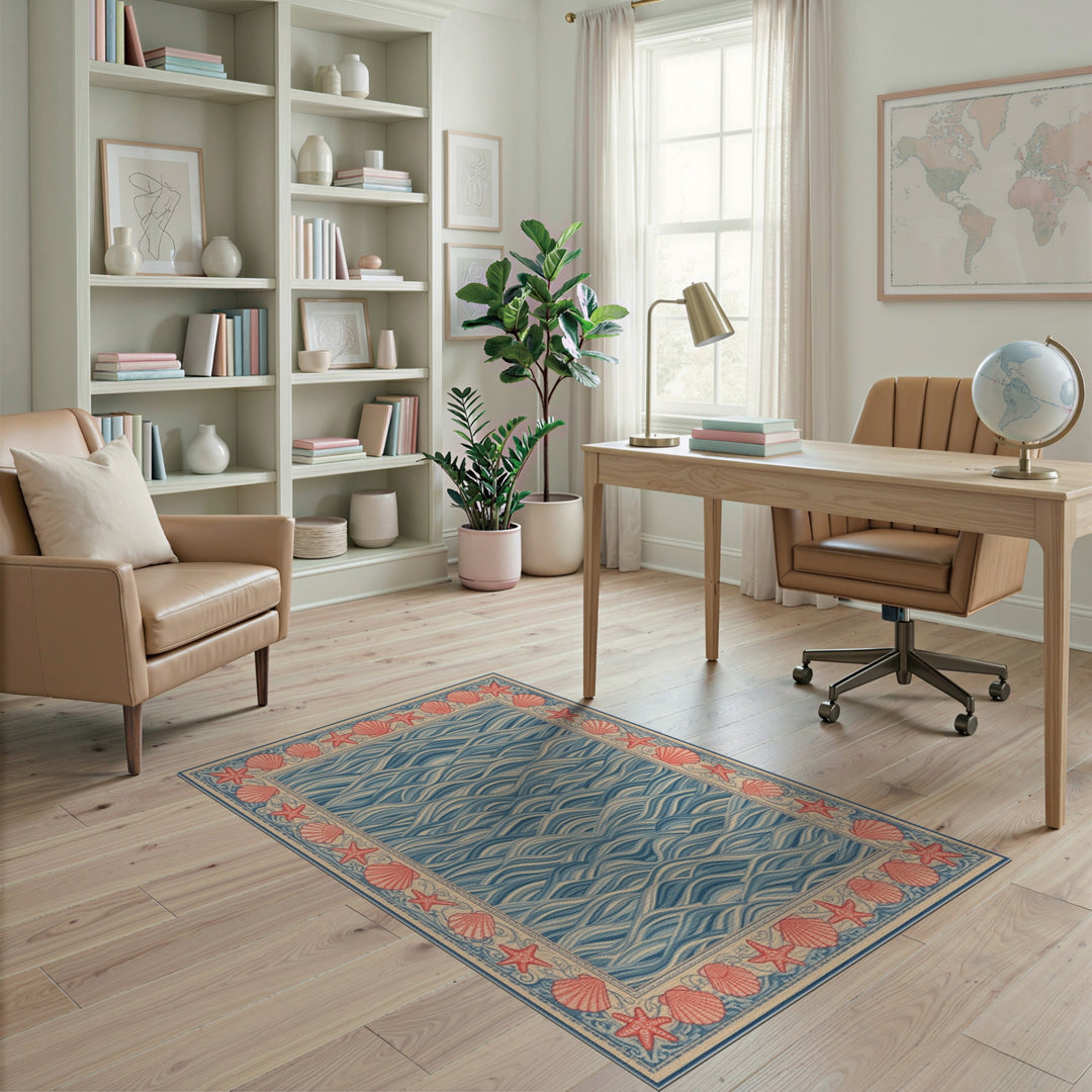 Blue Coastal Wave Area Rug with Seashell Border