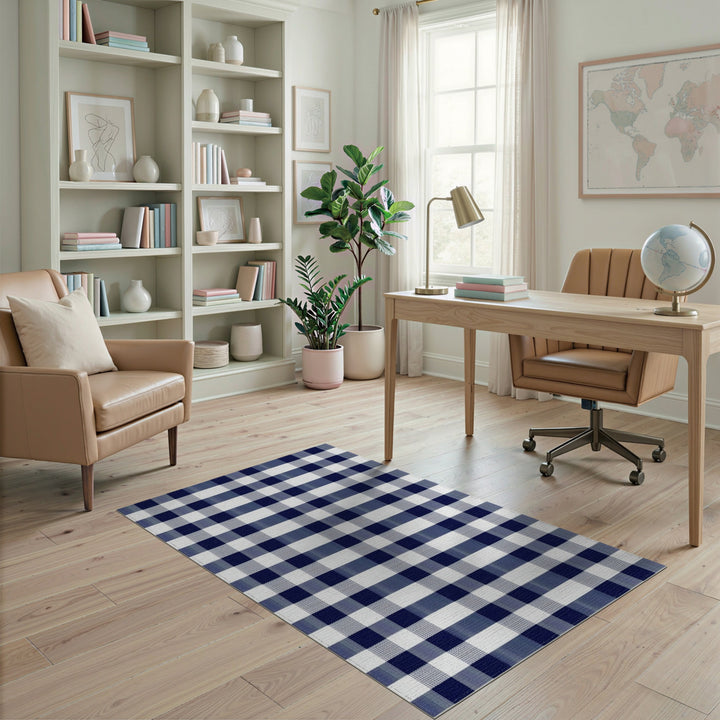 Navy Geometric Modern Navy Blue Checkered Washable Area Rug