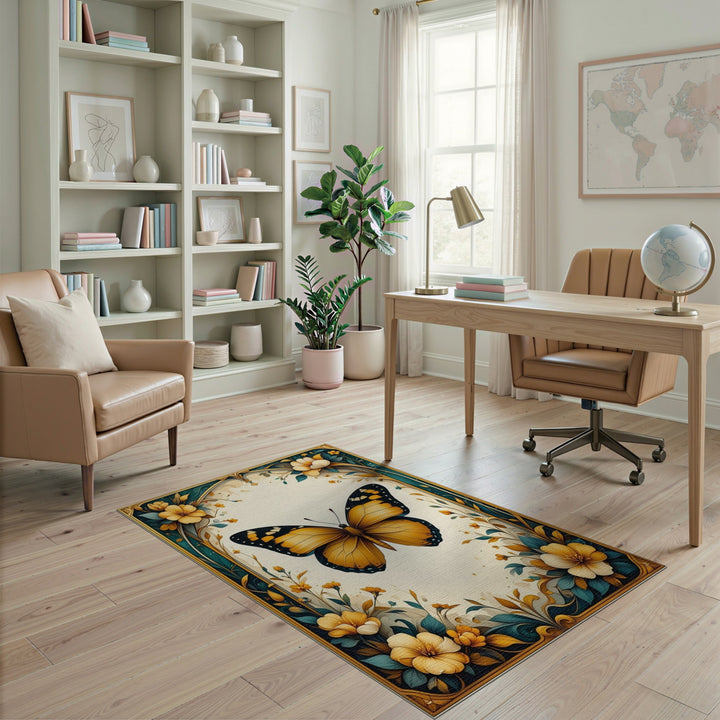 Yellow Butterfly Floral Vintage Area Rug