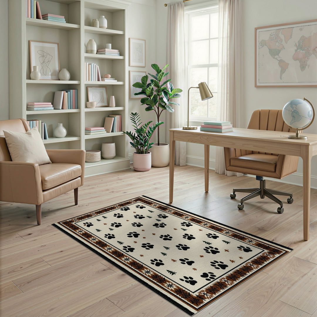 Rustic Paw Print Area Rug with Pine Trees