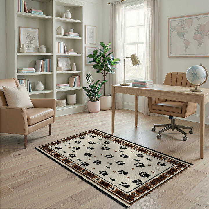 Rustic Paw Print Area Rug with Pine Trees