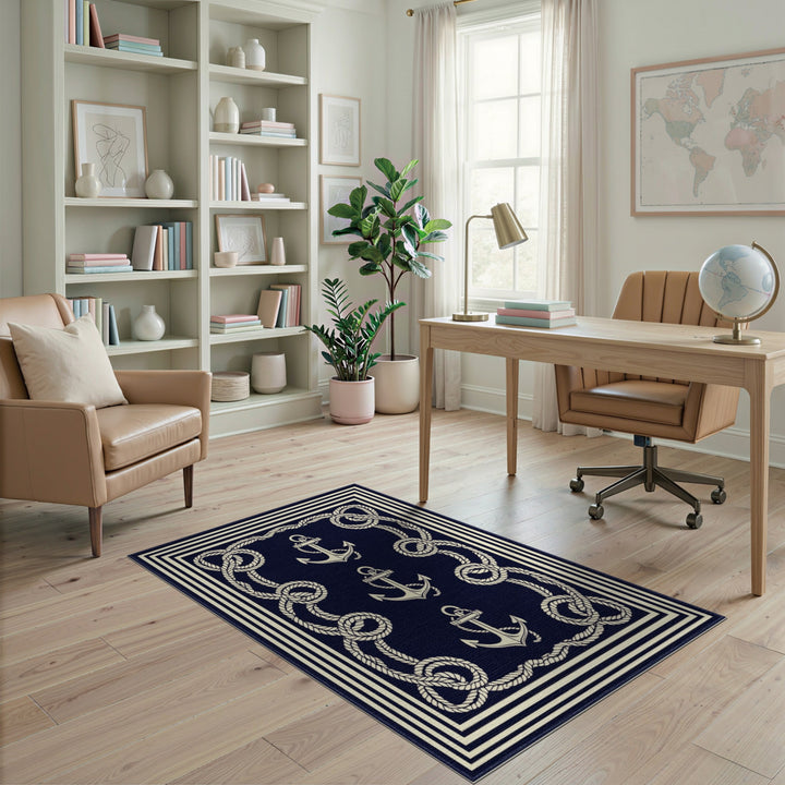 Navy Blue Anchor Rope Area Rug