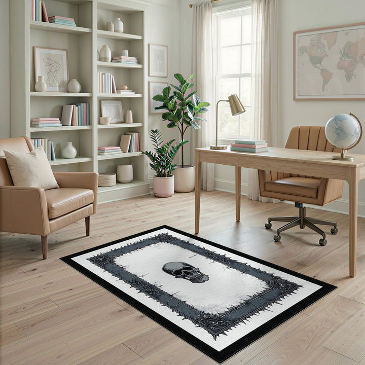 Black White Skull Frame Distressed Rug