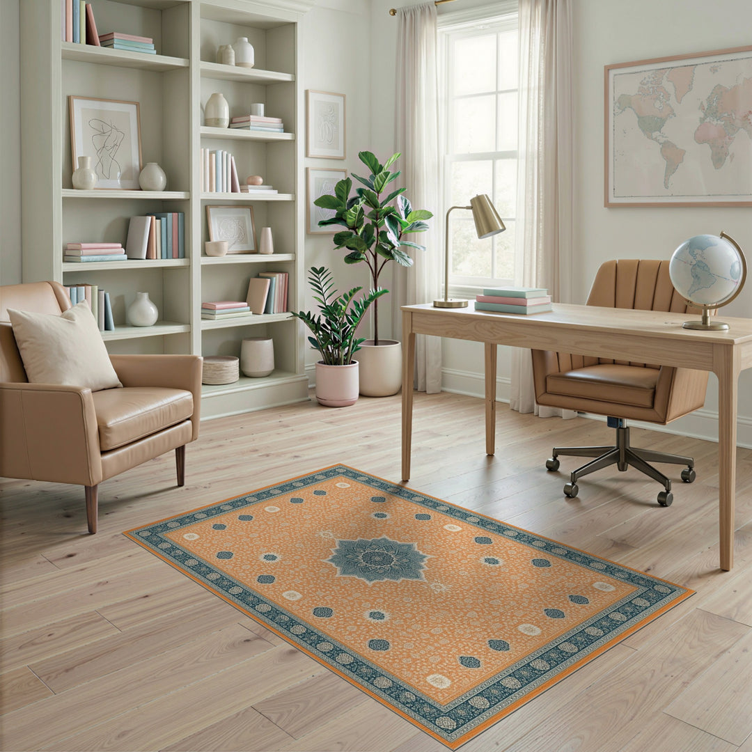 Orange Teal Medallion Traditional Persian Area Rug