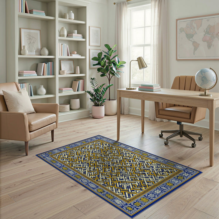 Blue Gold Geometric Maze Area Rug