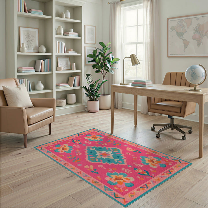Pink Boho Floral Geometric Area Rug