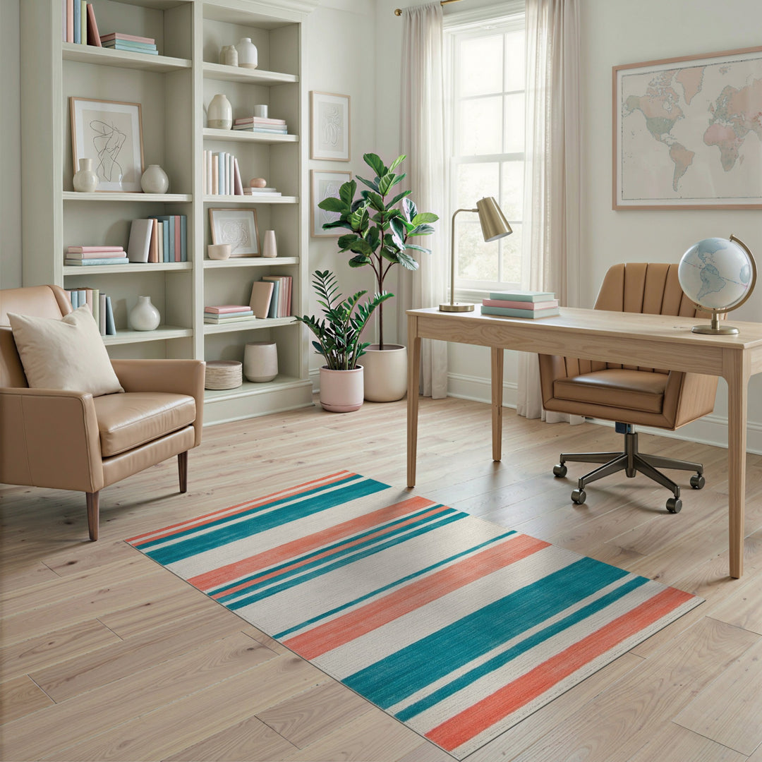 Teal Coral Striped Geometric Area Rug