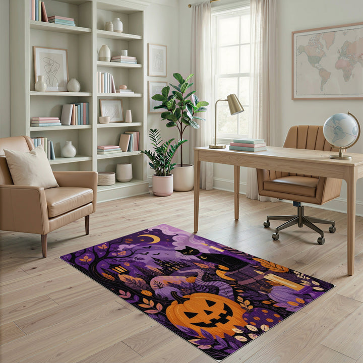 Enchanted Purple Black Cat Pumpkin Area Rug