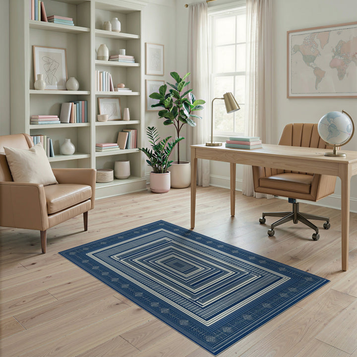 Blue and Teal Blue Concentric Geometric Area Rug