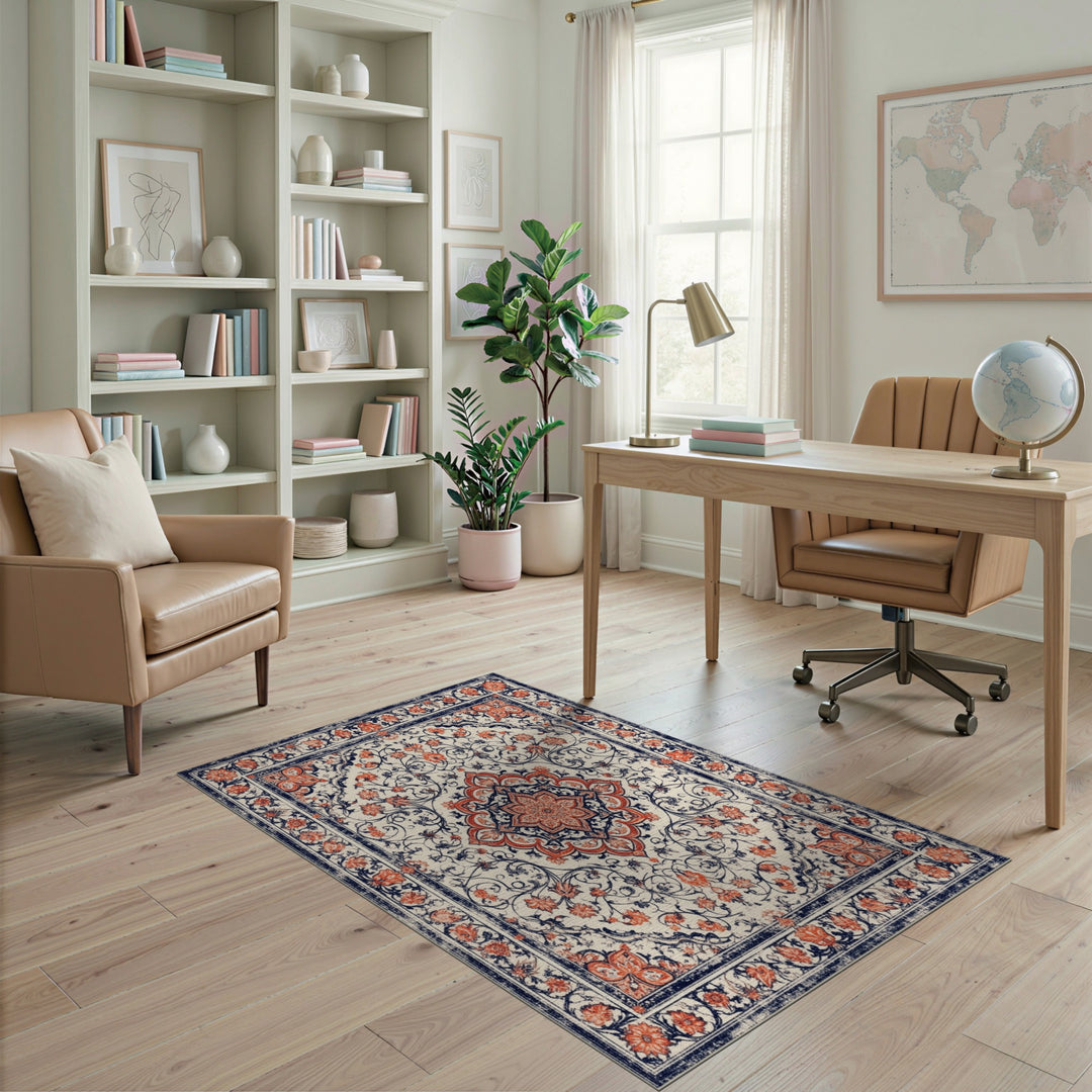 Red Floral Medallion Distressed Area Rug